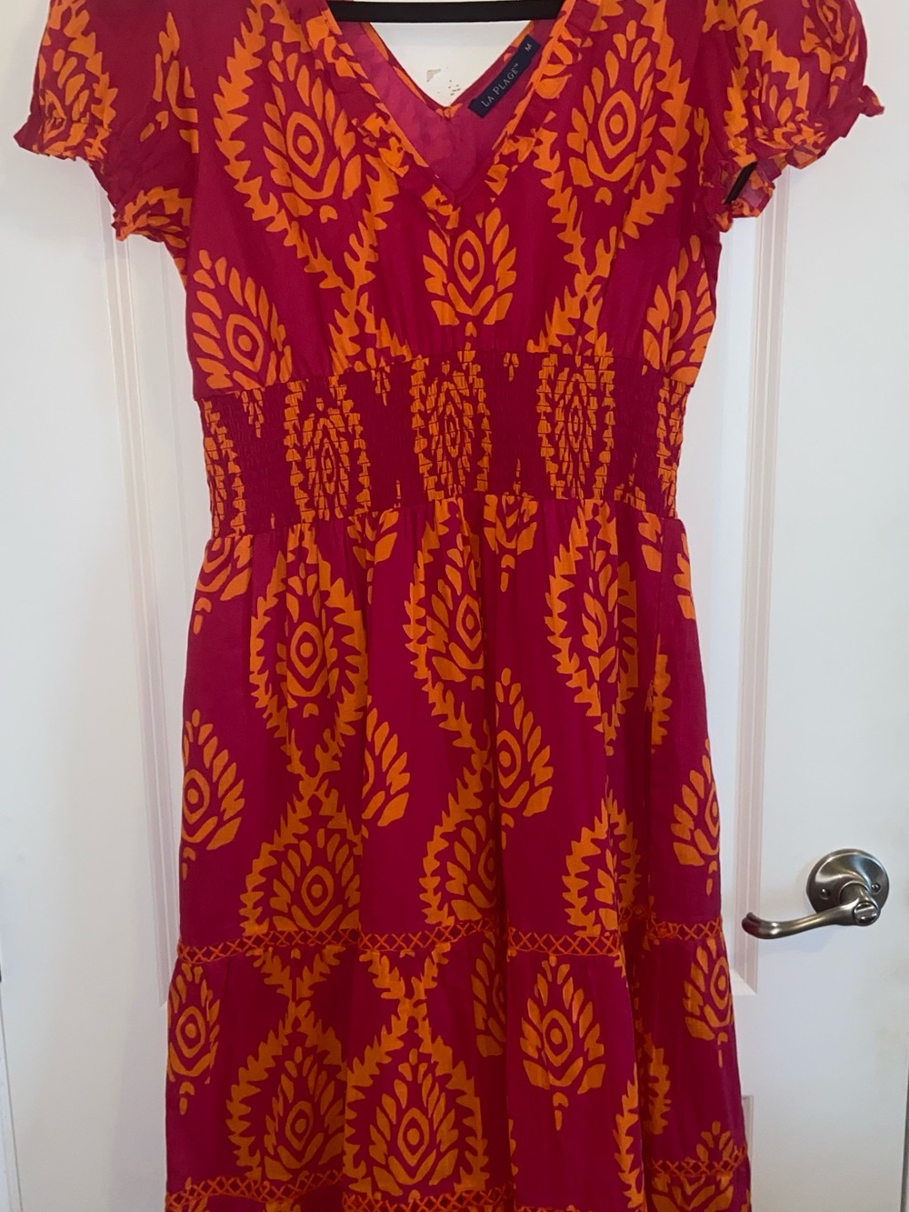 NWOT-LA PLAGE Ruthie Ruffle Dress in Batik Leaf Pink & Orange - Size M